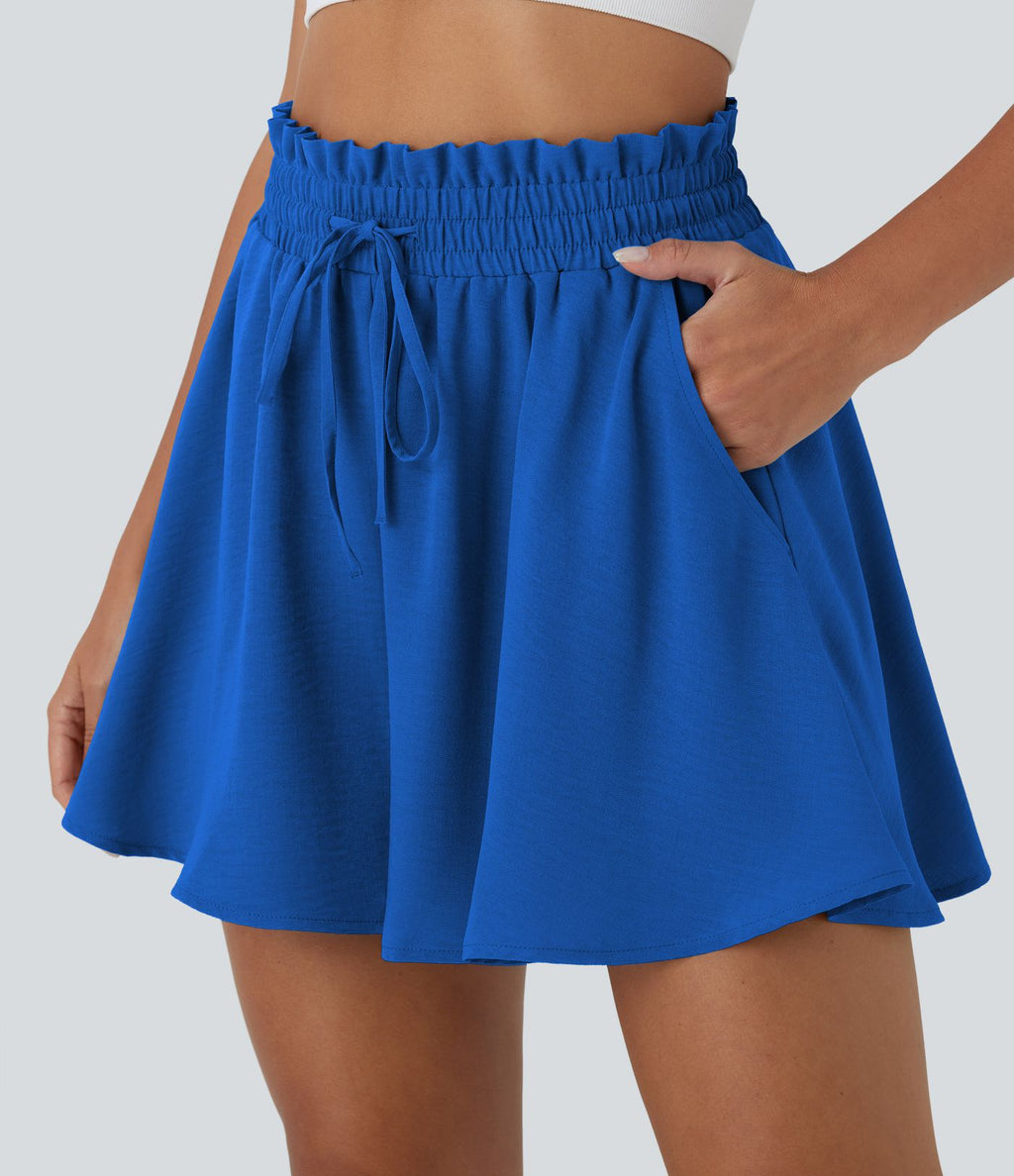 Short large décontracté taille haute façon paperbag avec cordon, poches latérales et aspect lin