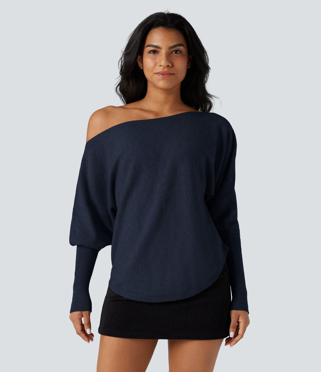 Pull une épaule manches chauve-souris ourlet arrondi