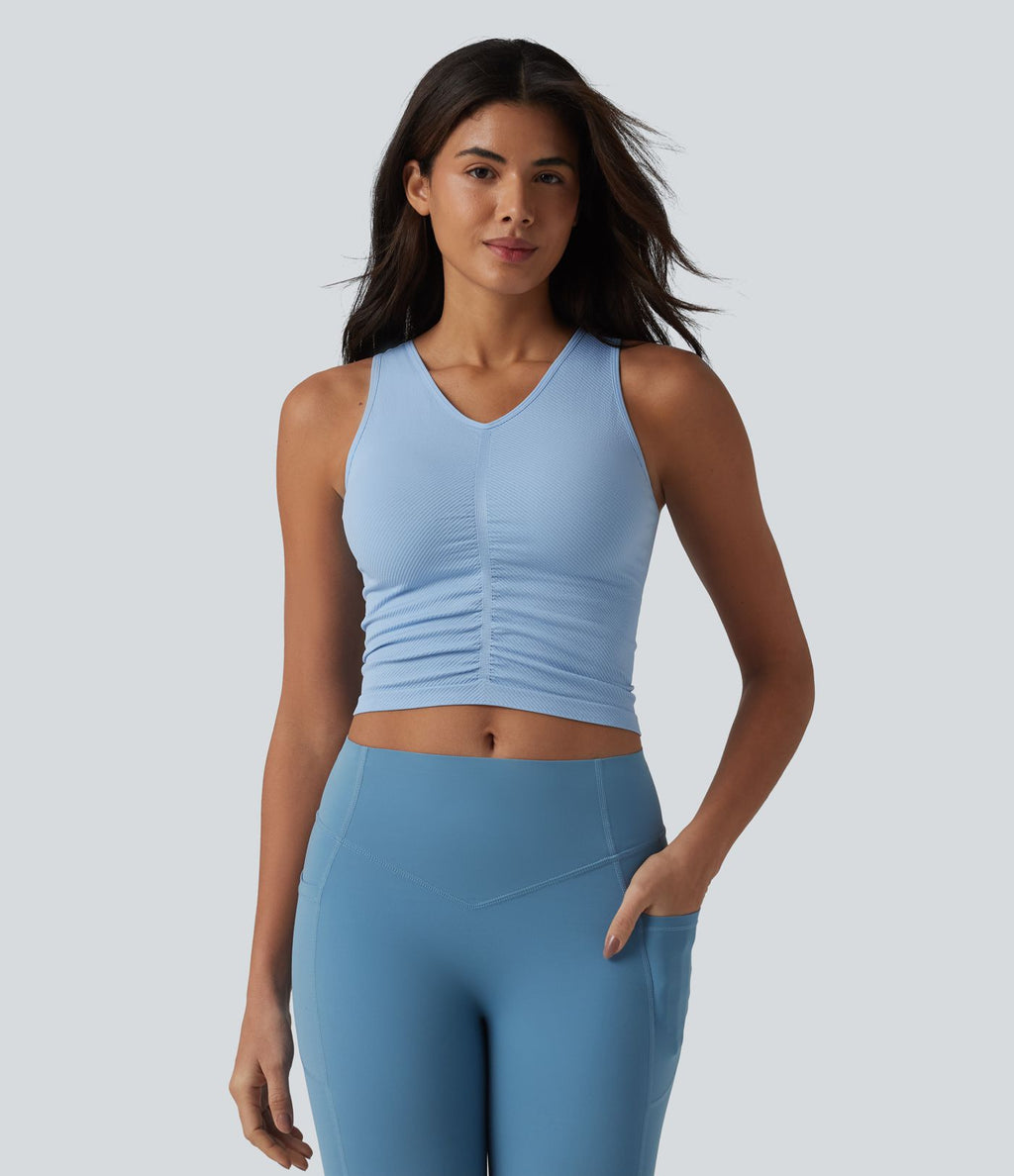 Débardeur crop de yoga OneForm Seamless Flow col V froncé