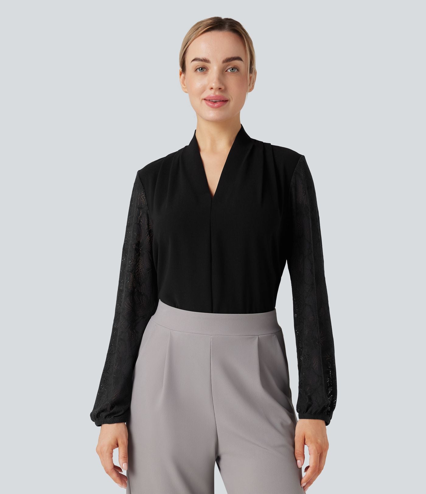 Blouse col V manches longues dentelle contrastante