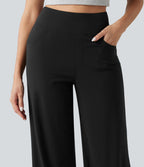 Pantalon large fluide décontracté en lin stretch taille haute gainant avec poches