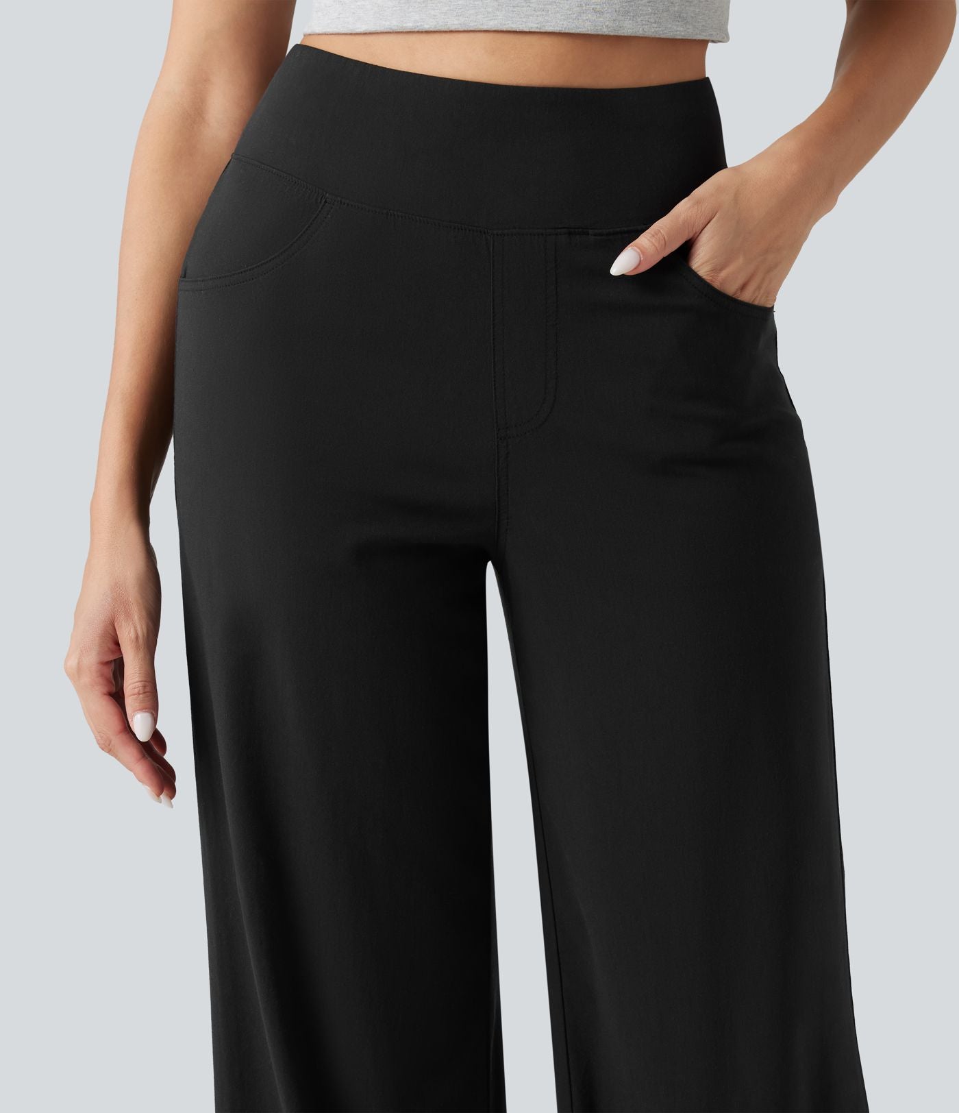 Pantalon large fluide décontracté en lin stretch taille haute gainant avec poches