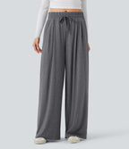 Pantalon large décontracté chiné taille mi-haute avec cordon et poches
