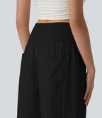 Pantalon casual bouffant aspect lin avec fronces taille haute et poches