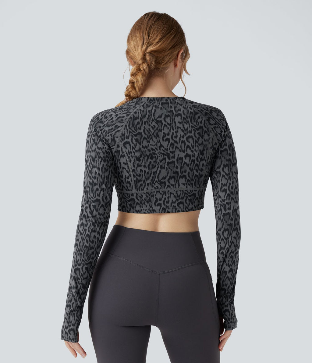 Haut de sport yoga court col rond à manches longues avec passants pouces imprimé léopard Halara UltraSculpt™