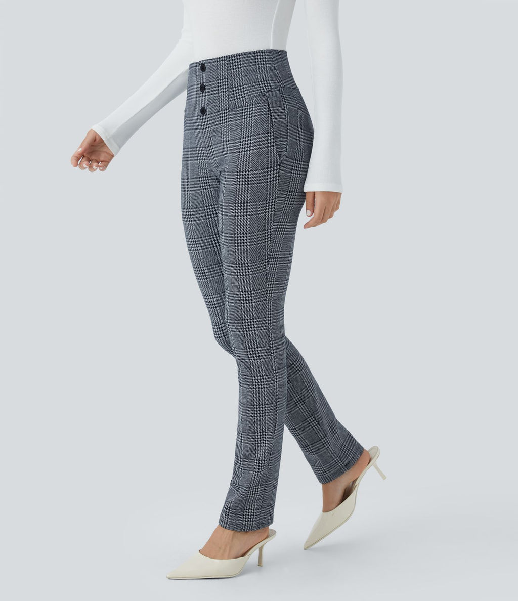 Halara Flex™ Pantalon tailleur Cintrés à Taille Haute avec Boutons Décoratifs Poches Latérales et Imprimé Pied-de-Poule