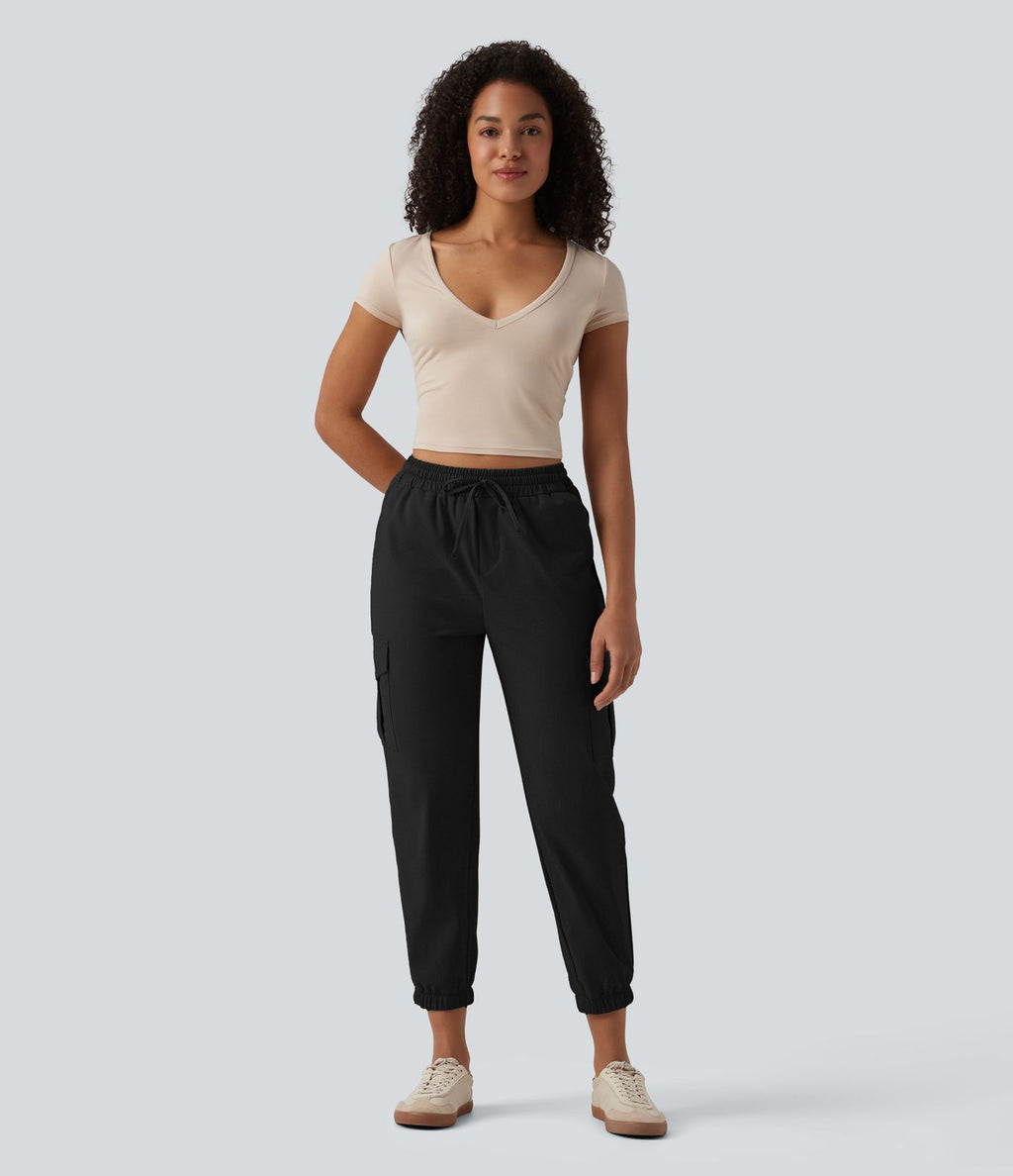 Jogging cargo décontracté popeline extensible taille mi-haute avec cordon de serrage et poches