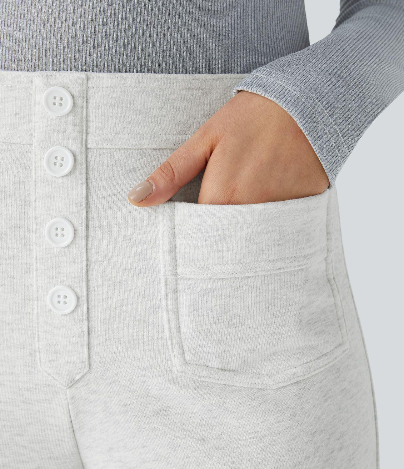 Pantalon Jogging en Fleece Thermique Jambe Droite Boutons Taille Haute Plusieurs Poches