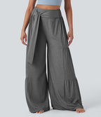Pantalon danse large fluide taille haute smocké nœuds devant et dos