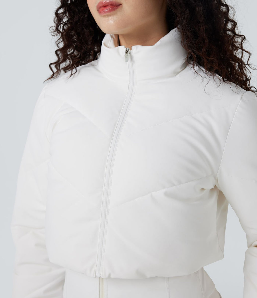 PuffFlex Manteau doudoune 3-en-1 court casual à col montant et veste à ourlet arrondi avec passants pouces et poche