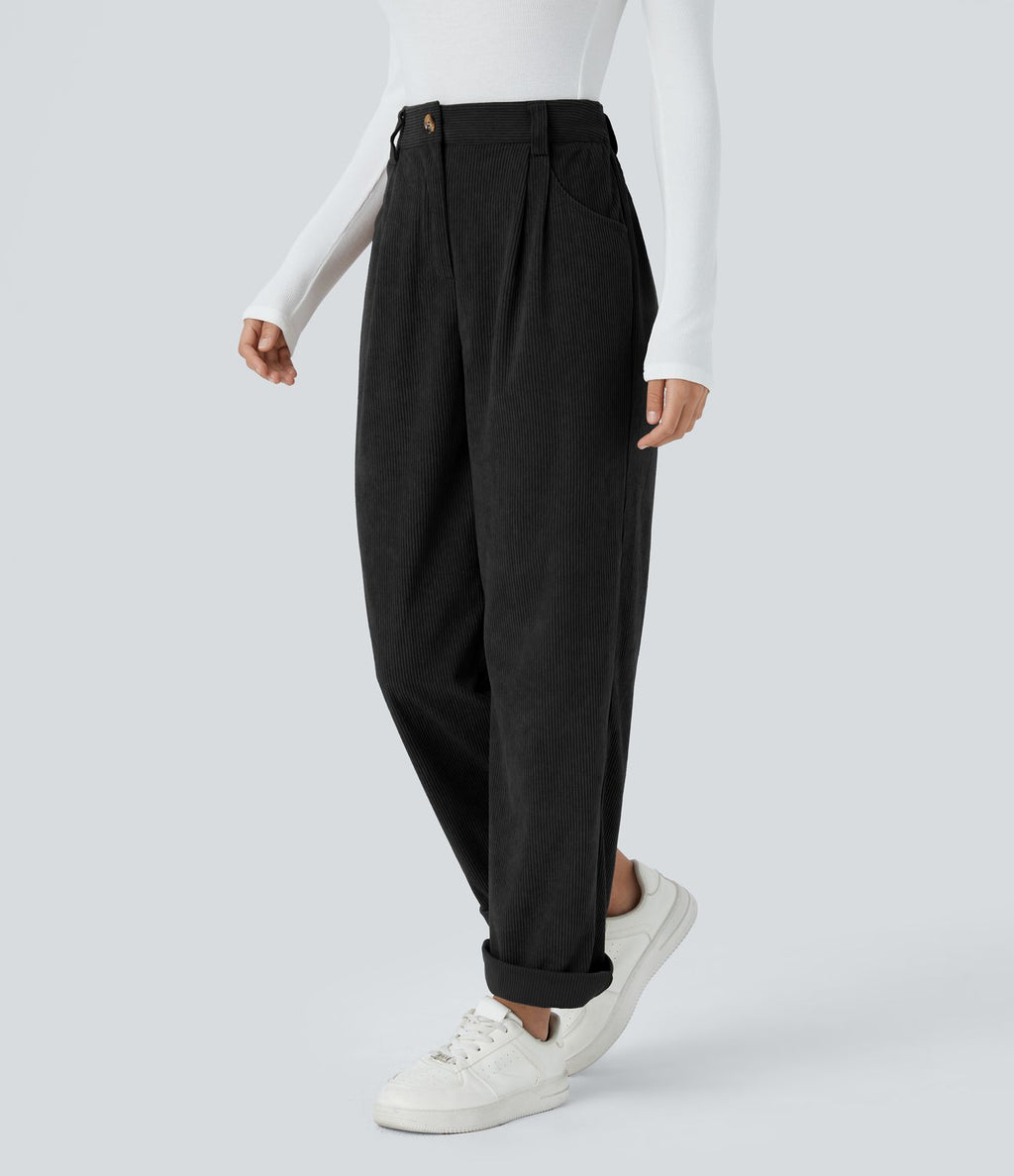 Pantalon décontracté en velours côtelé, taille haute, avec poche zippée