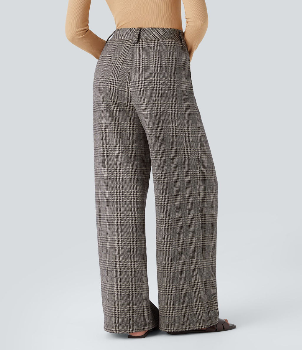 Pantalon taille haute décontracté large à carreaux, avec poches