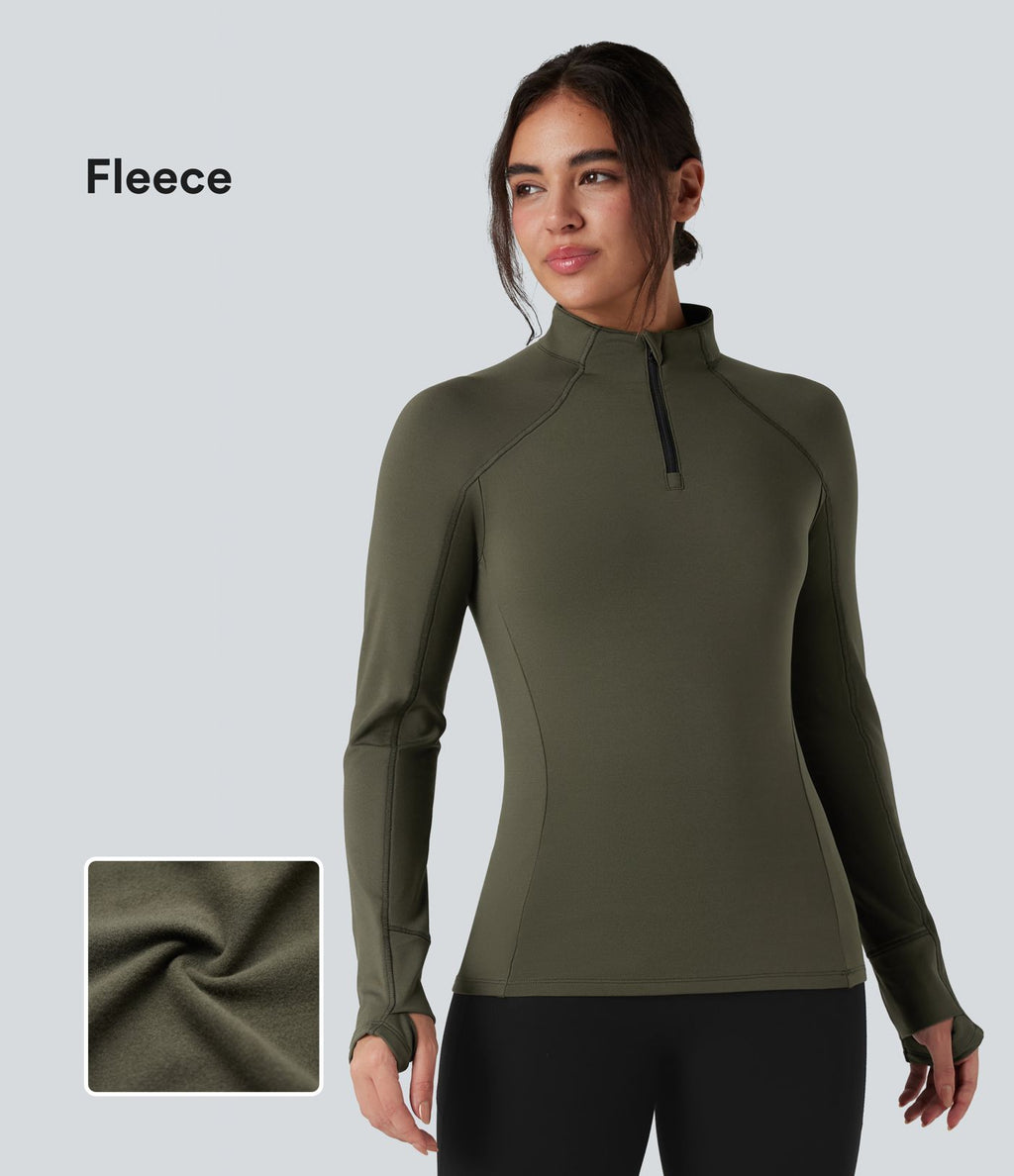 Top de sport randonnée polaire col montant demi-zip manches longues avec trous pouces