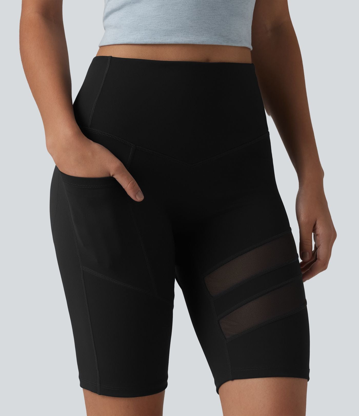 Short cycliste décontracté DayStretch taille haute gainant et push-up avec empiècement en mesh contrasté, 24 cm, poche