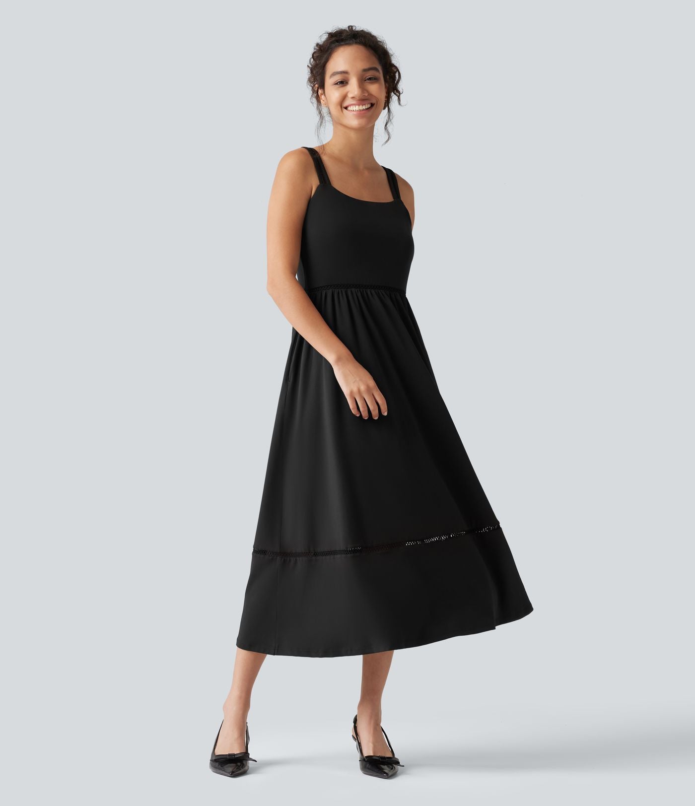 Robe midi fluide de vacances coupe trapèze à col carré avec découpes et poches