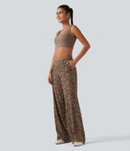 Pantalon de yoga droit taille haute Halara UltraSculpt™ léopard avec dentelle contrastée et poches