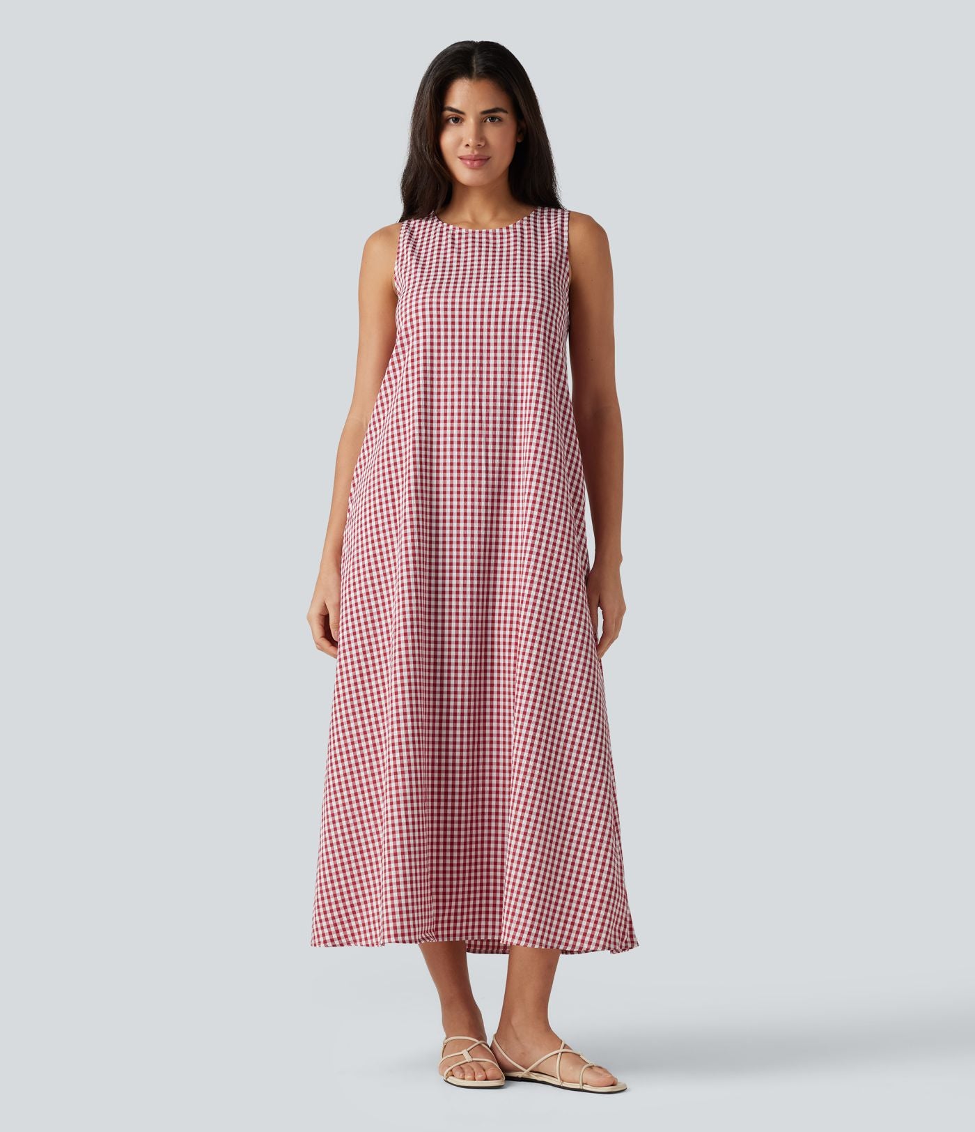 Robe débardeur midi décontractée col rond sans manches en vichy froissé avec poches