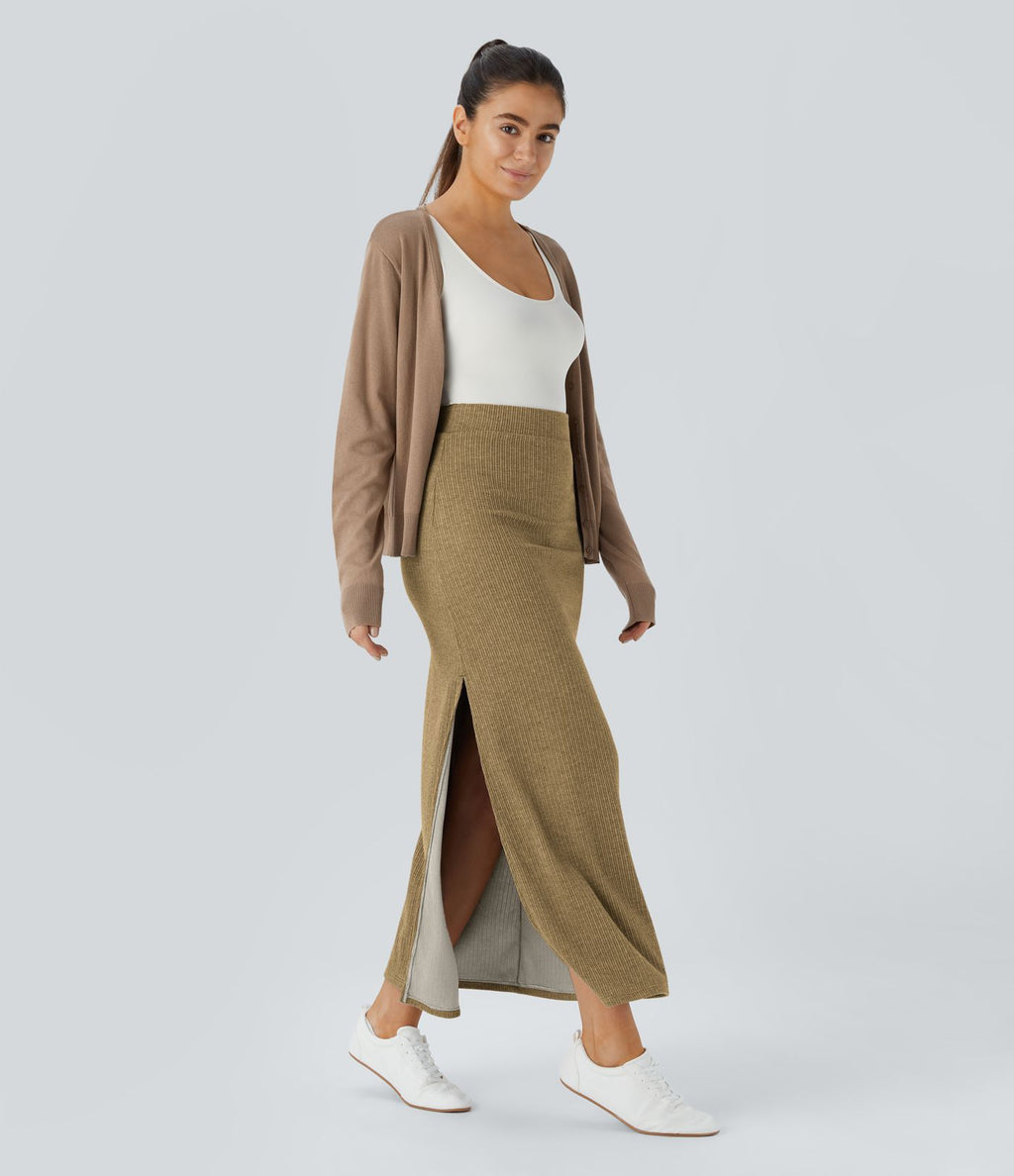 Jupe Casual Maxi à Taille Haute et Ourlet Fendu en A-Line en Côtes