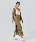 Jupe Casual Maxi à Taille Haute et Ourlet Fendu en A-Line en Côtes