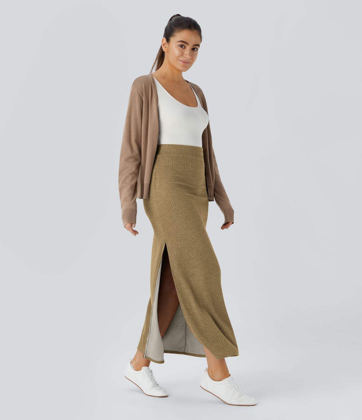 Jupe Casual Maxi à Taille Haute et Ourlet Fendu en A-Line en Côtes