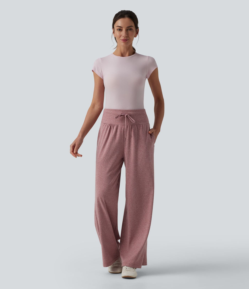 Pantalon casual large gainant taille haute à cordon de serrage avec poches