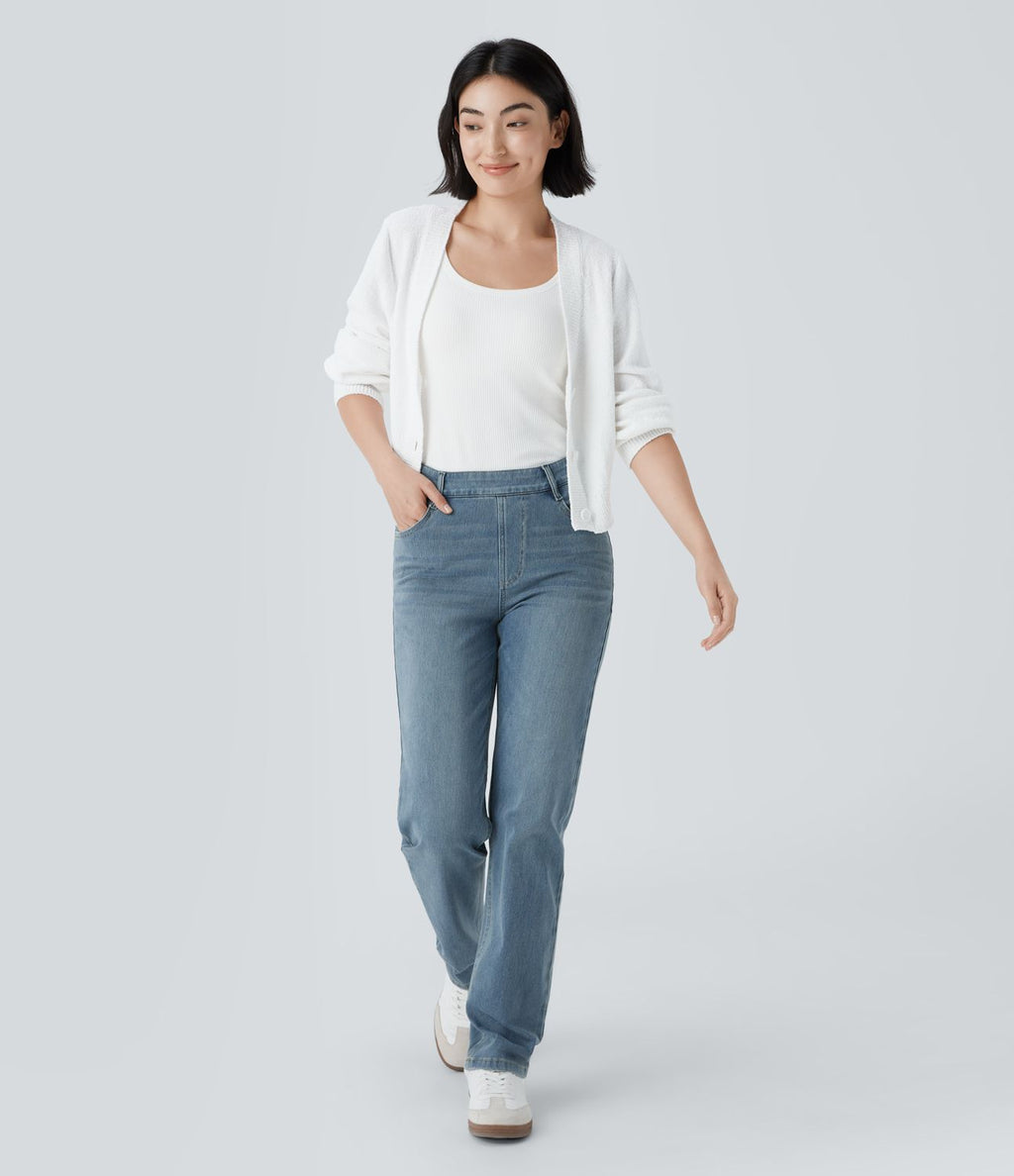 Jean droit Halara Flex™ à taille haute, poches multiples, effet délavé et tissu extensible