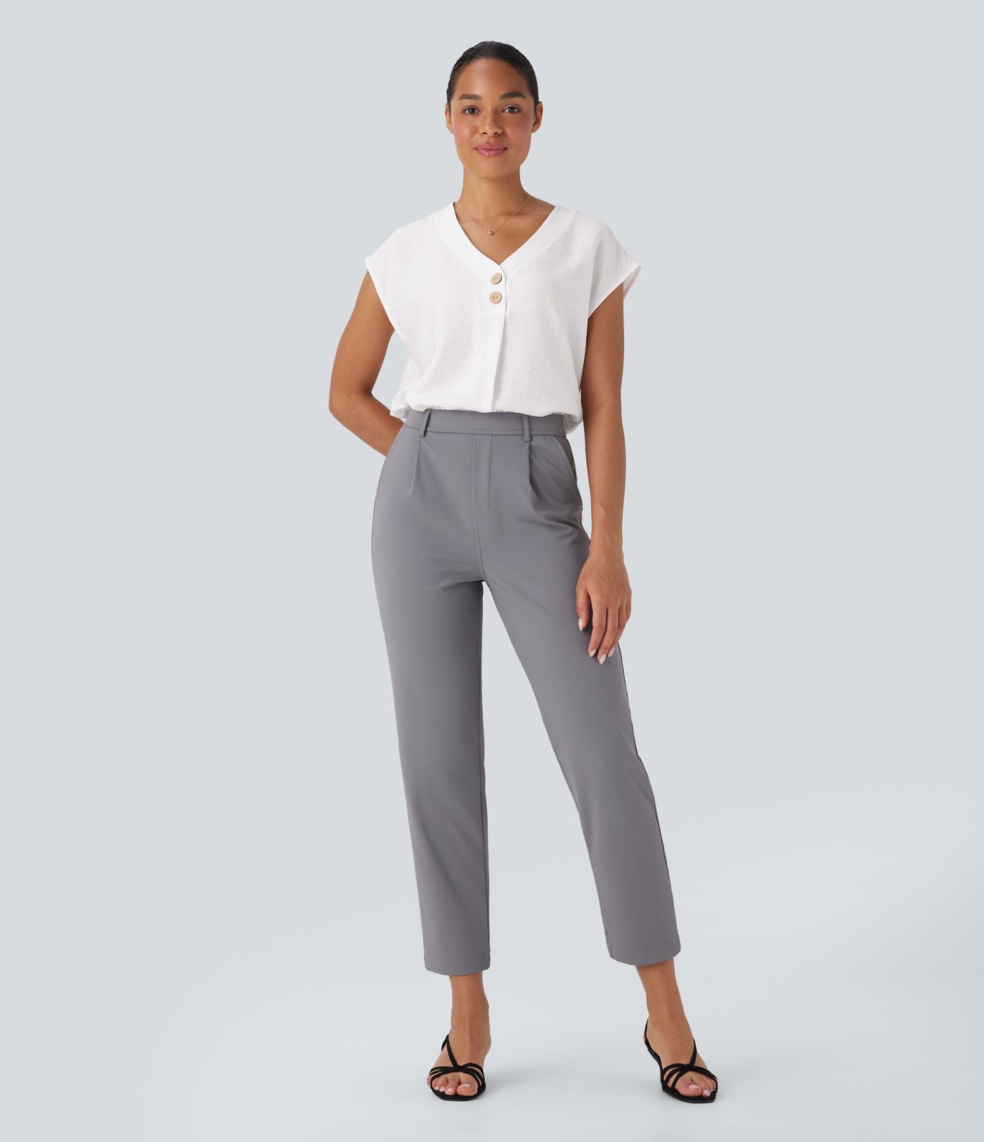 Blouse de Travail Col V Manches Courtes avec Boutons Décoratifs