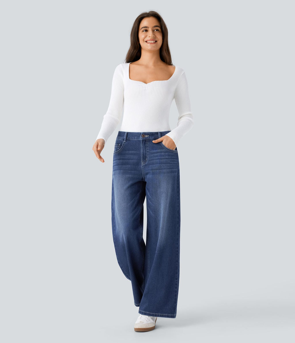 Halara Flex™ Jean Large Casual Taille Basse avec Boutons Zip Multiples Poches Lavés Élastiques et Tricotés