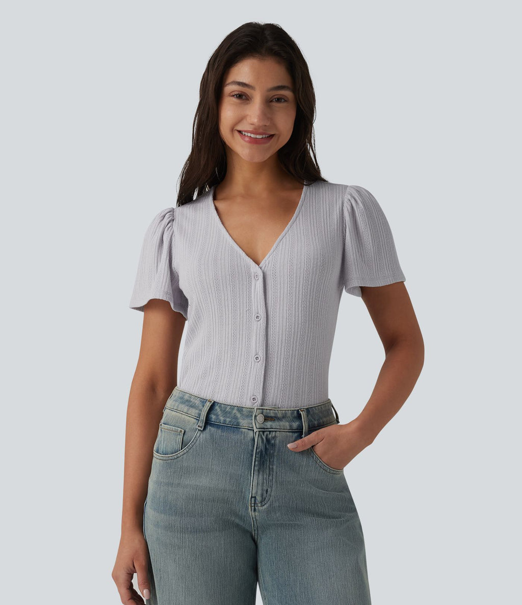 Top casual col V à manches courtes