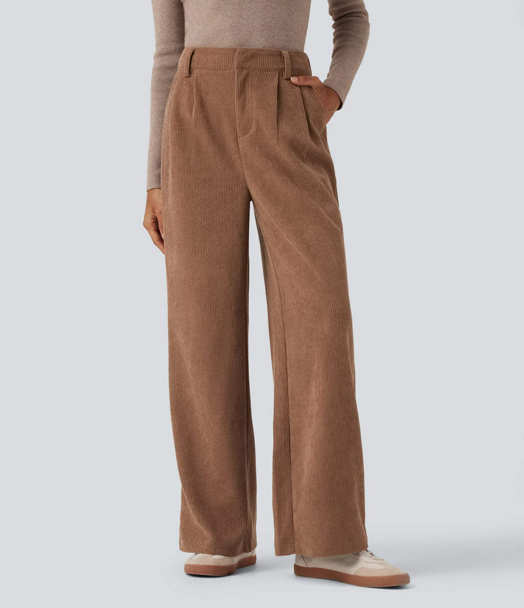 Pantalon ample décontracté velours côtelé taille haute avec poches