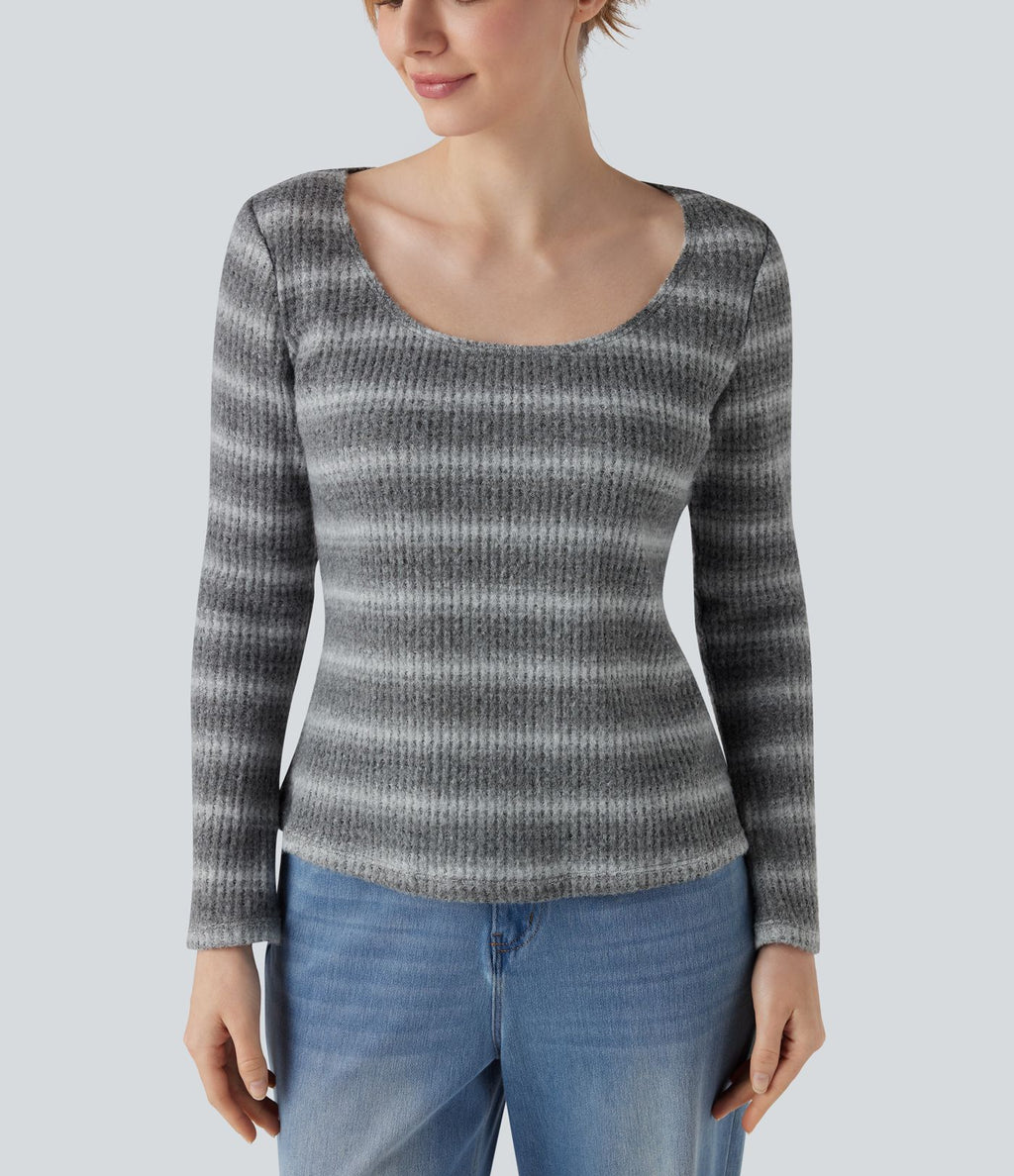 T-shirt tricoté décolleté rond à manches longues en maille gaufrée à rayures dégradées