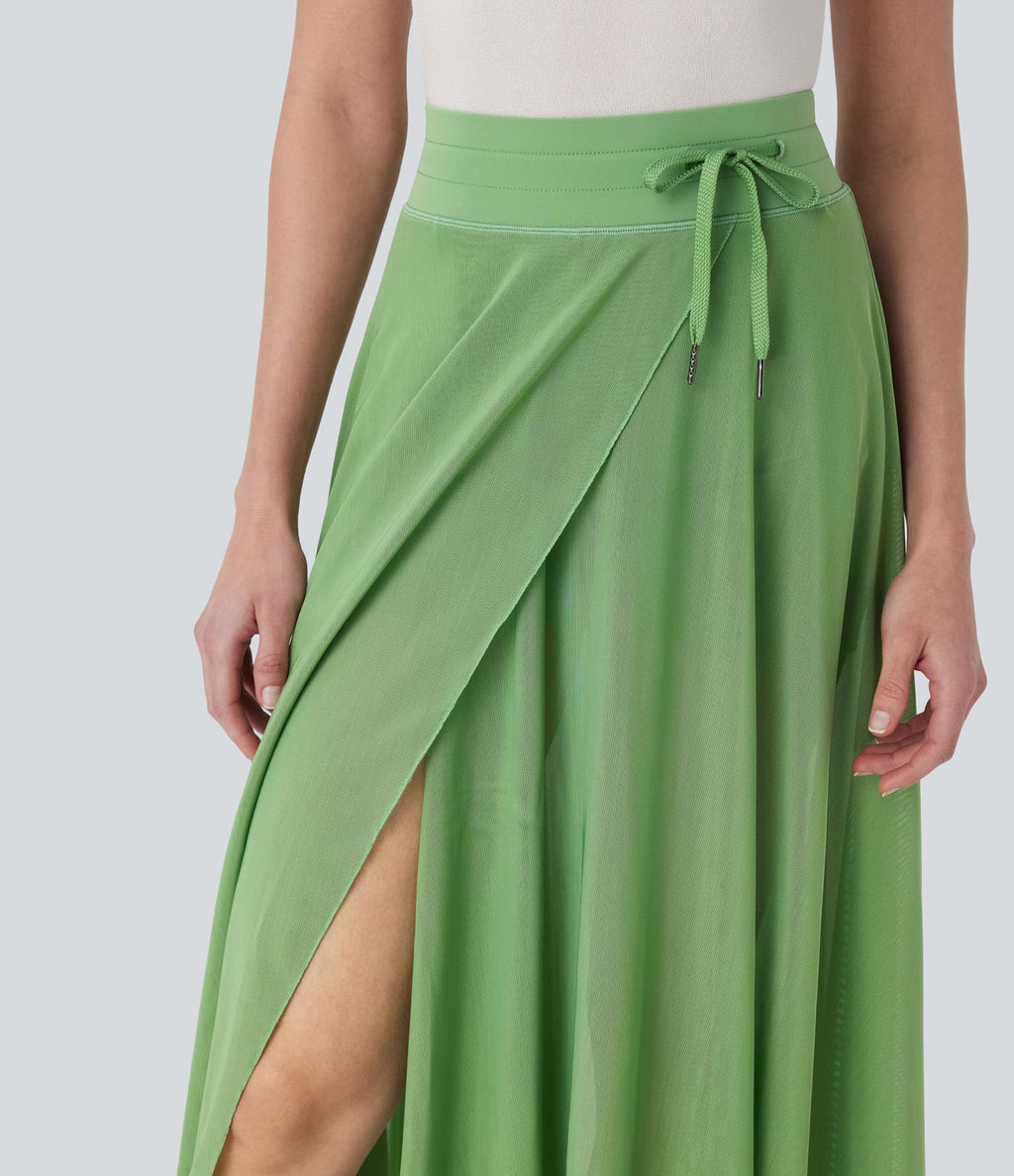 Jupe Casual Évasée Mesh Mi-Longue Fuide 2 en 1 Contrastée Taille Haute Cordon Poche Latérale