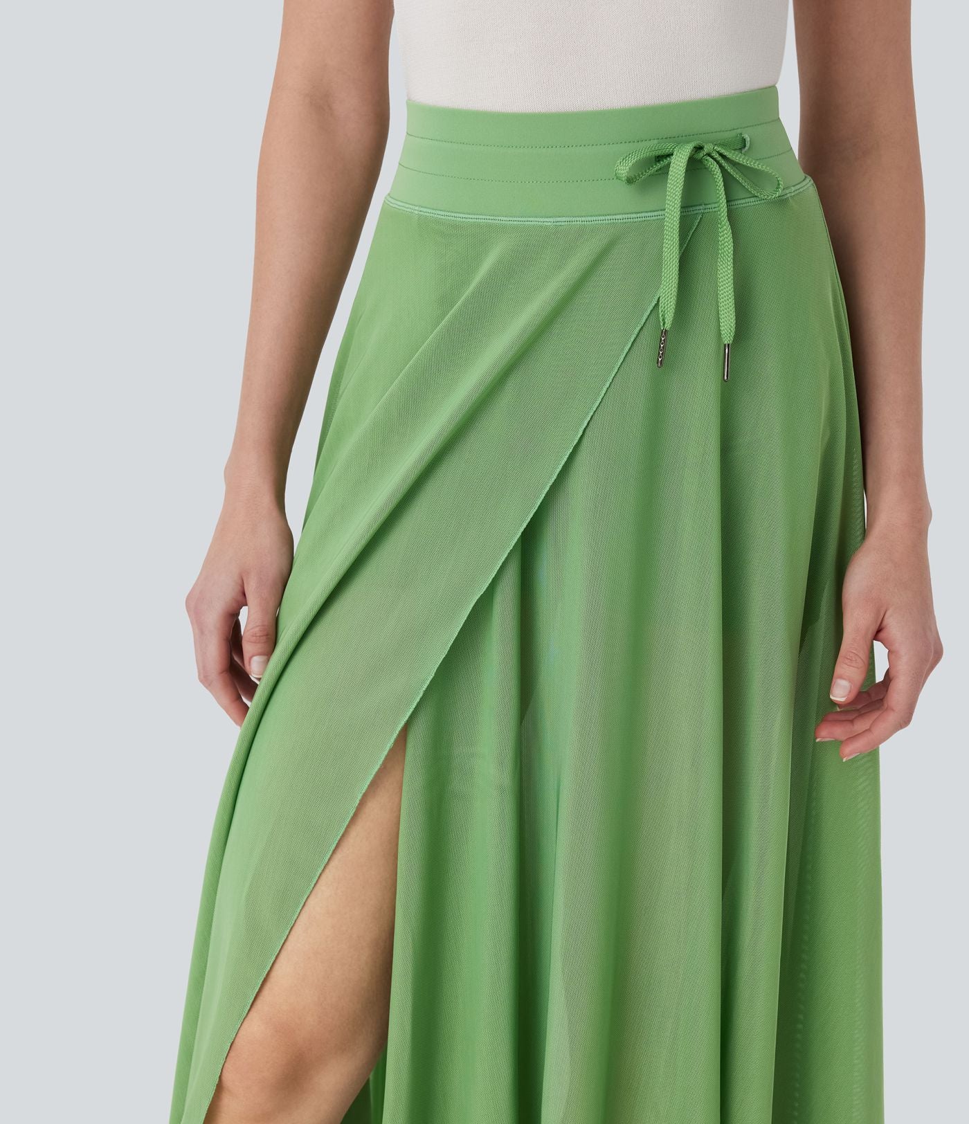 Jupe Casual Évasée Mesh Mi-Longue Fuide 2 en 1 Contrastée Taille Haute Cordon Poche Latérale