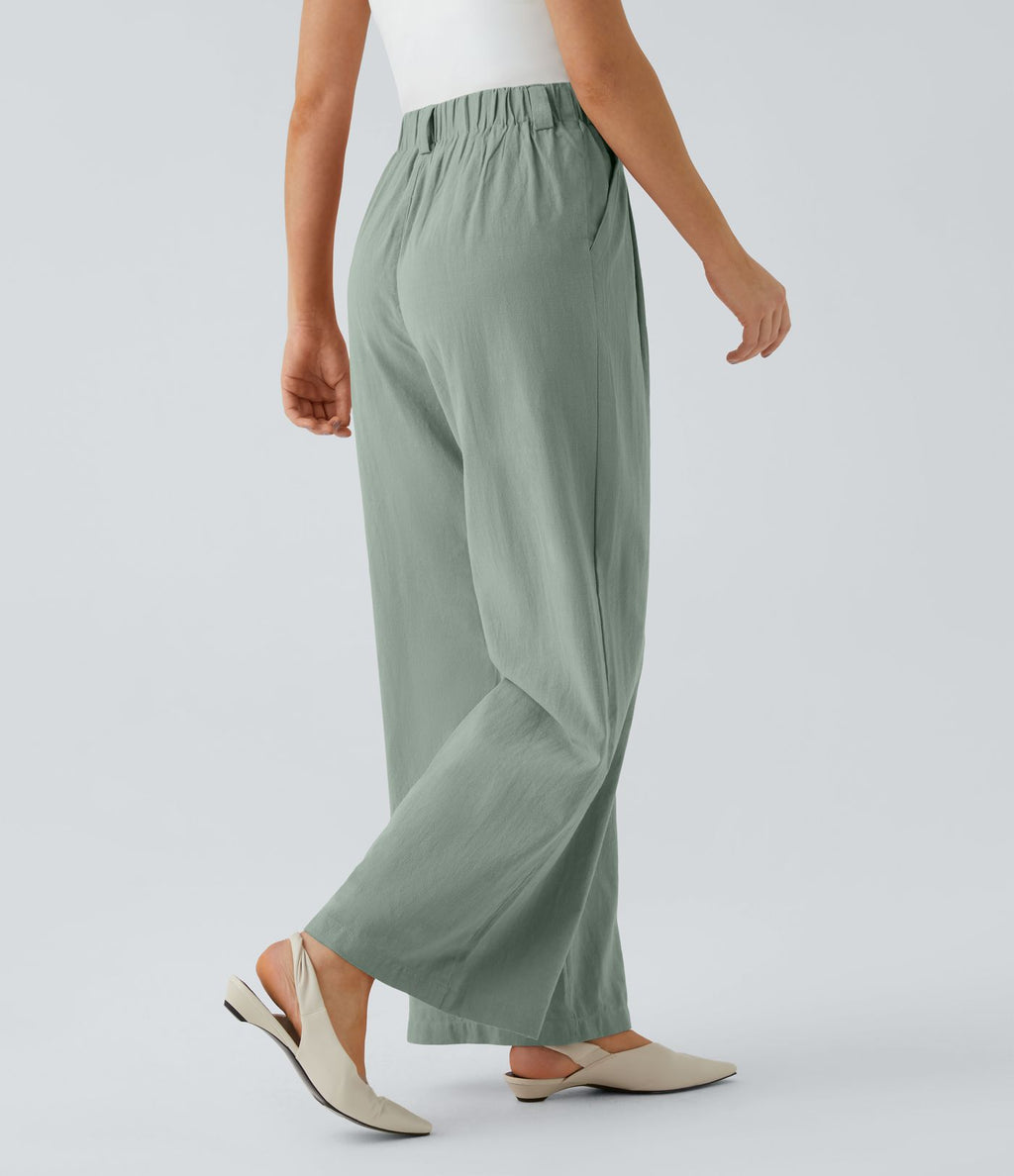 Pantalon Fluide Large Taille Haute Poches Latérales Palazzo Solide Casual Linen-Feel