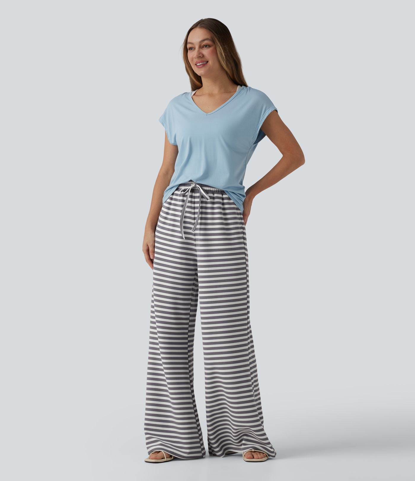 Pantalon large casual à rayures en maille gaufrée taille haute avec cordon de serrage et poches