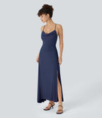 Robe Soirée Midi Encolure Côtelée Dos Nu Lacets Croisés Fendue