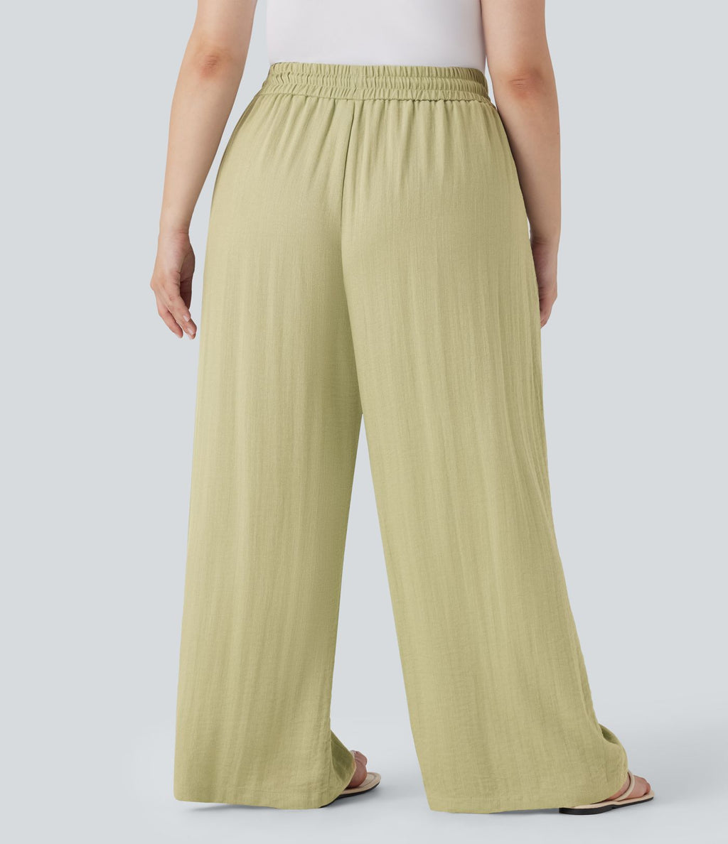 Pantalon décontracté grande taille large fluide taille haute effet lin avec cordon de serrage et poches