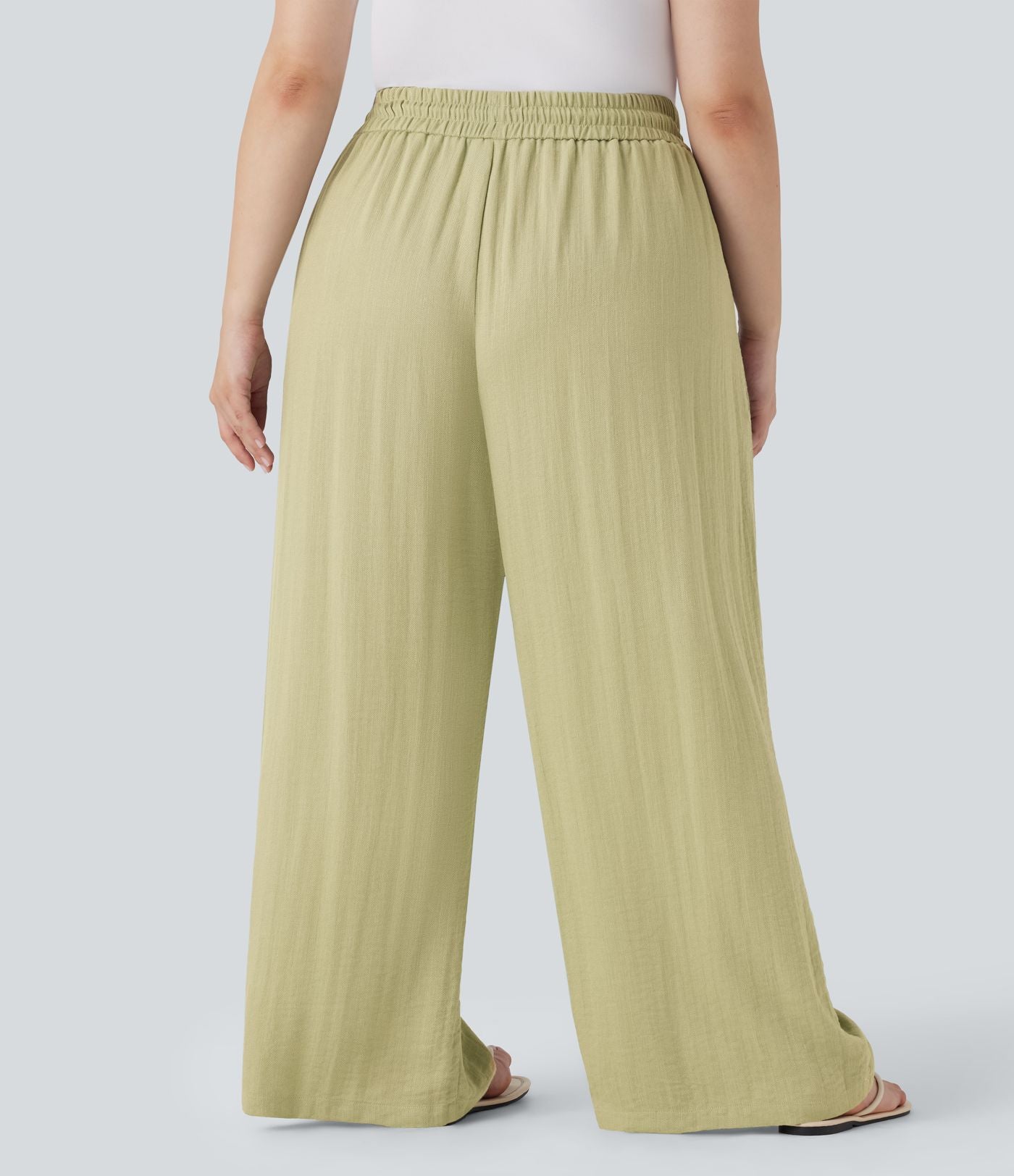 Pantalon décontracté grande taille large fluide taille haute effet lin avec cordon de serrage et poches