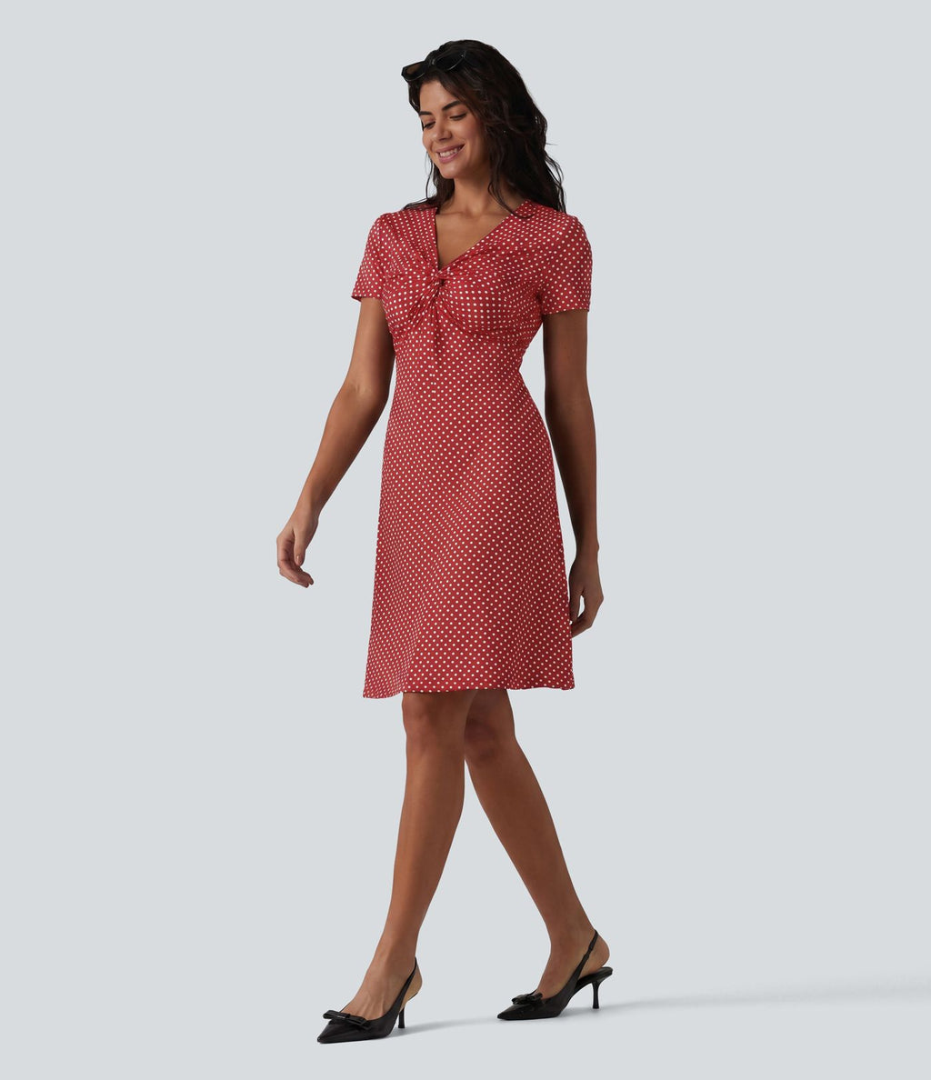 Robe casual à col V, manches courtes et imprimé à pois longueur genou