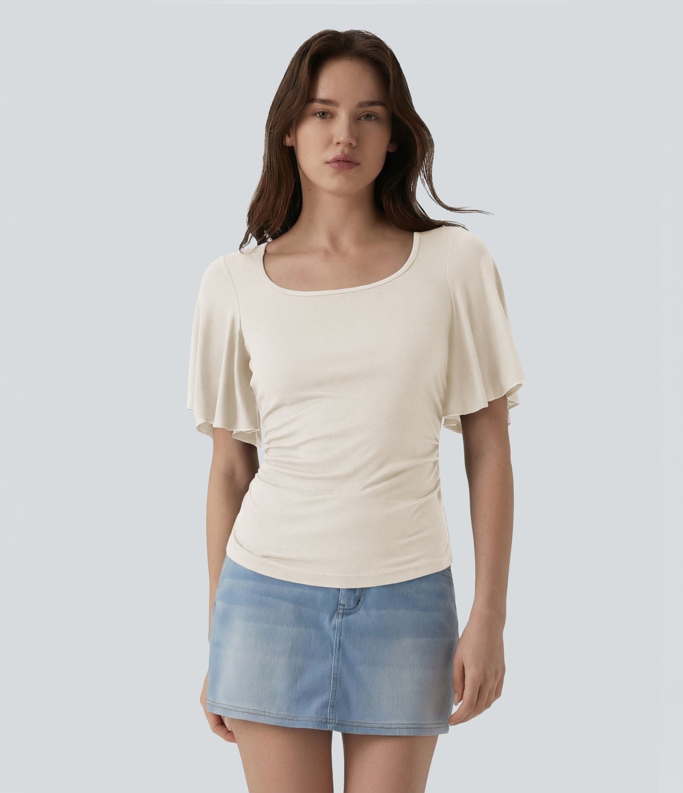 T-shirt décontracté maille côtelée col carré manches papillon froncé
