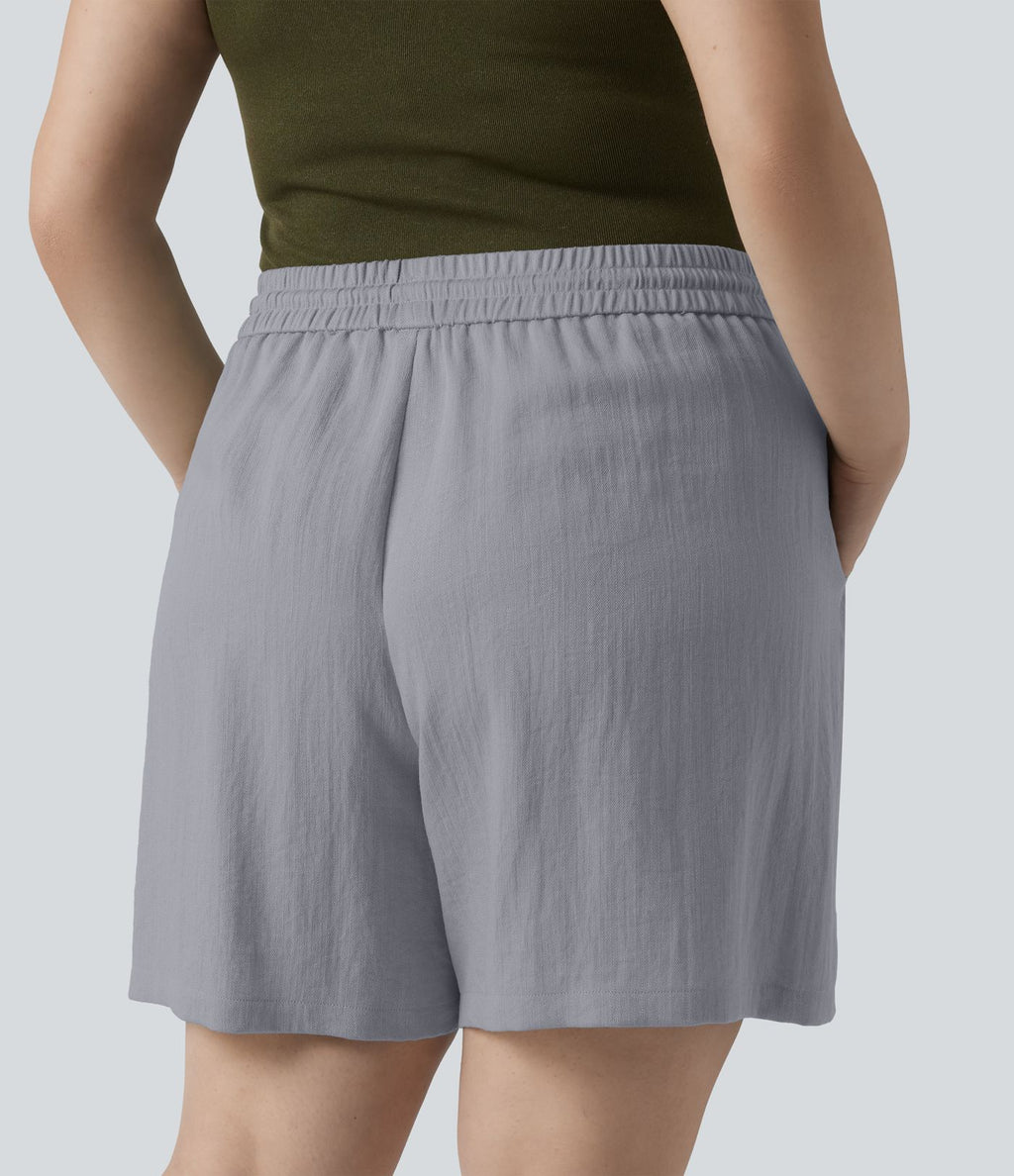 Short casual aspect lin grande taille taille haute avec cordon de serrage et poches