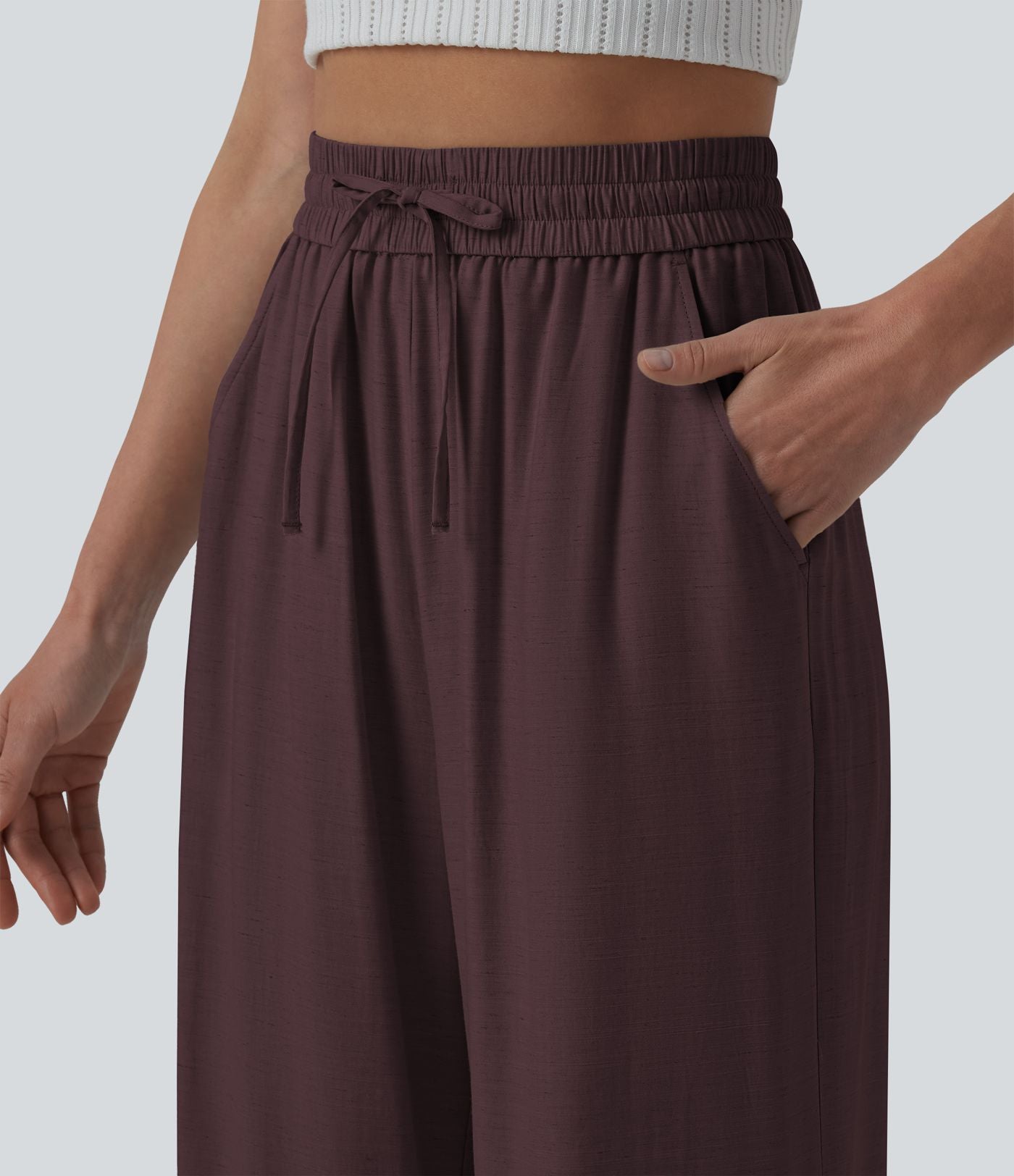 Pantalon casual large fluide mélange lin taille haute avec cordon de serrage et poches