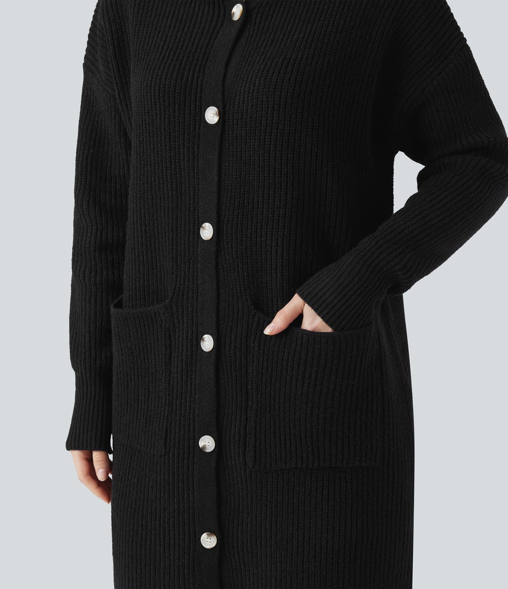 Gilet long casual col manches longues boutonné avec poches