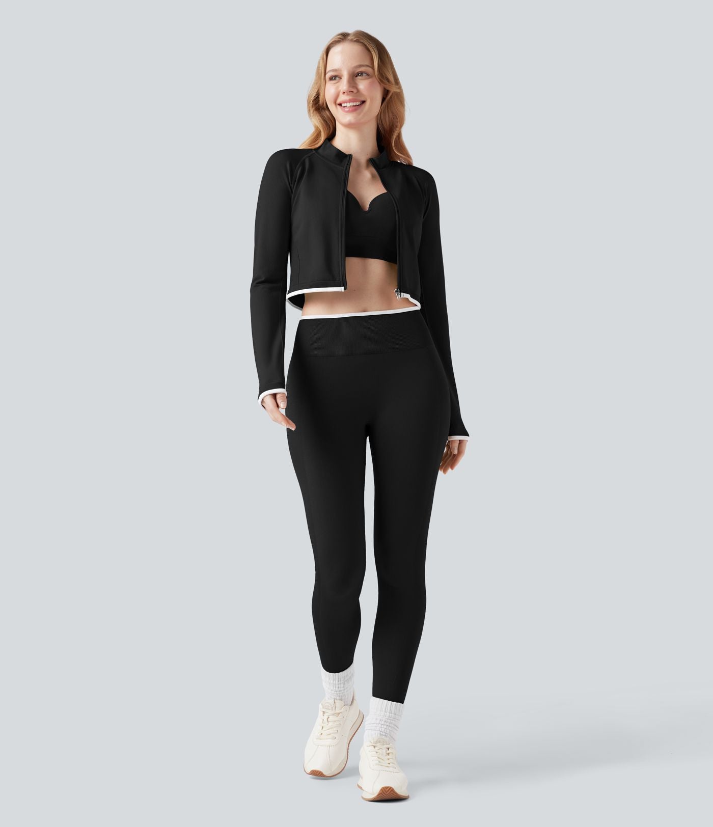 Veste yoga courte zippée col montant color block sans couture OneForm Seamless Flow