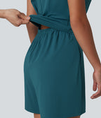 SoftlyZero™ QuickDry Combinaison-short yoga col rond sans manches avec découpe dos et poches — Easy Peasy