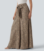 Pantalon casual large imprimé léopard taille haute avec nœud devant et poches