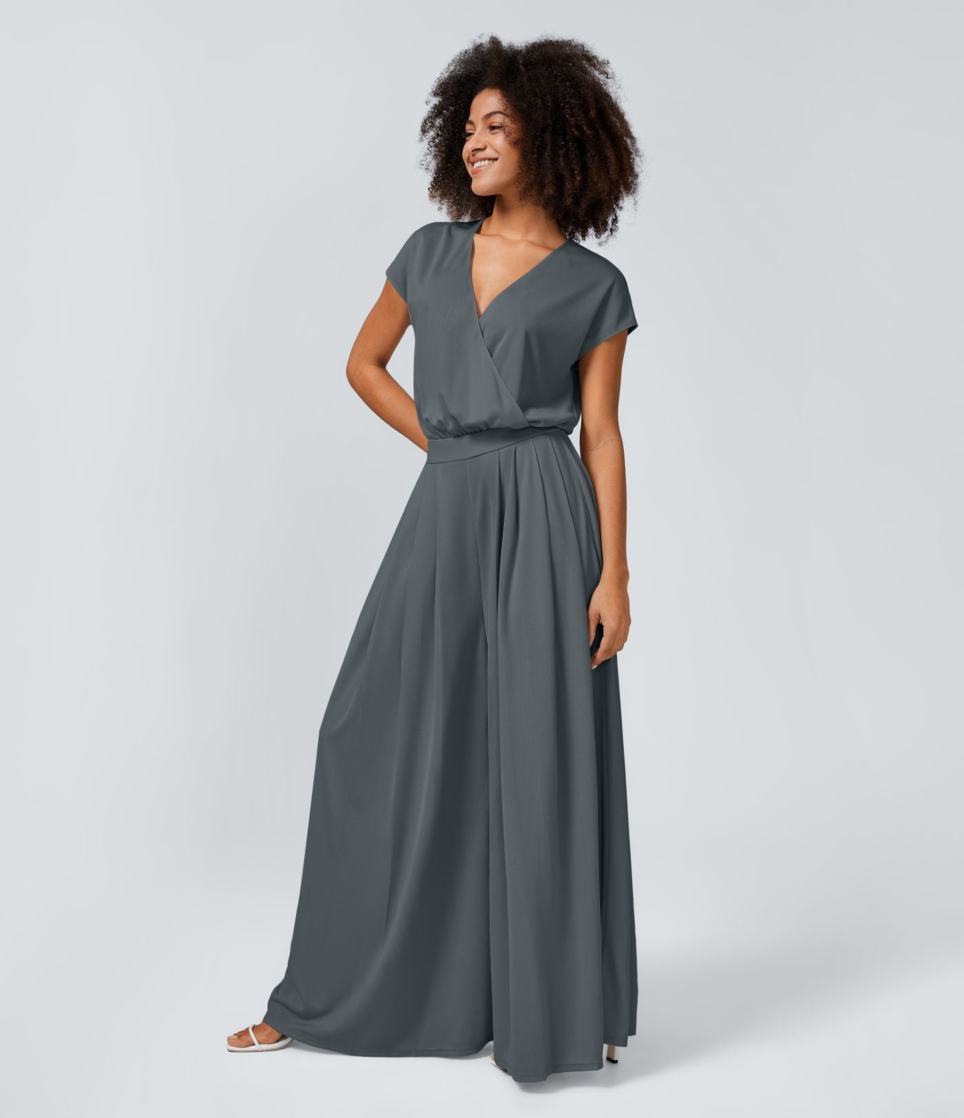 Combinaison Casual Col en V Jambes Large Plissée Manches Courtes Poche Latérale Gaufrée Fluide