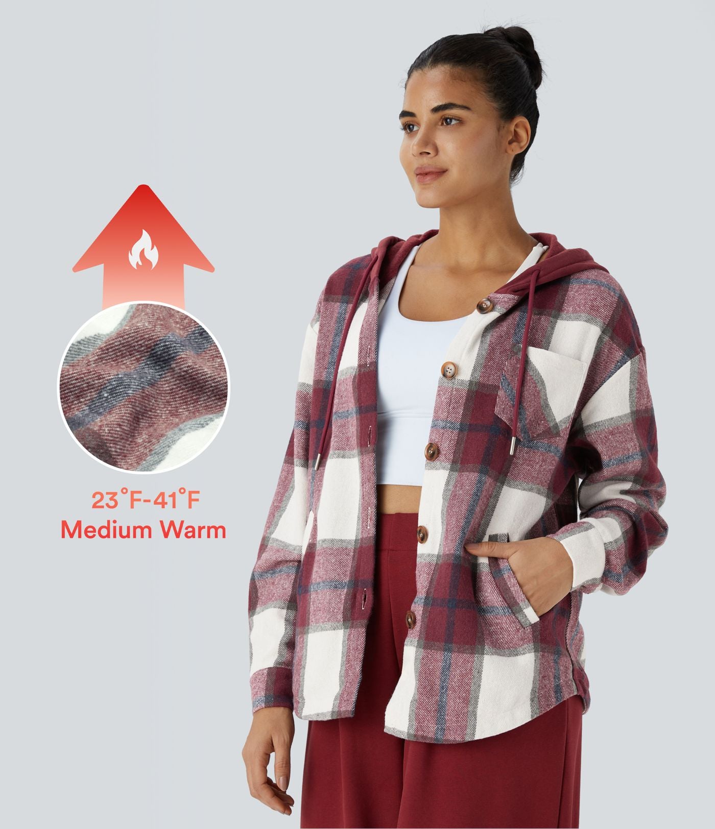 Veste de Casual à Carreaux en Polaire à Capuche avec Cordon de Serrage Boutons et Poches Latérales
