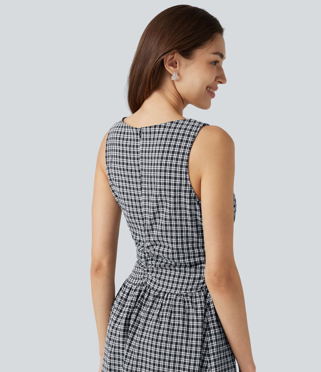 Robe midi décontractée à carreaux vichy, col bateau, sans manches, avec poches