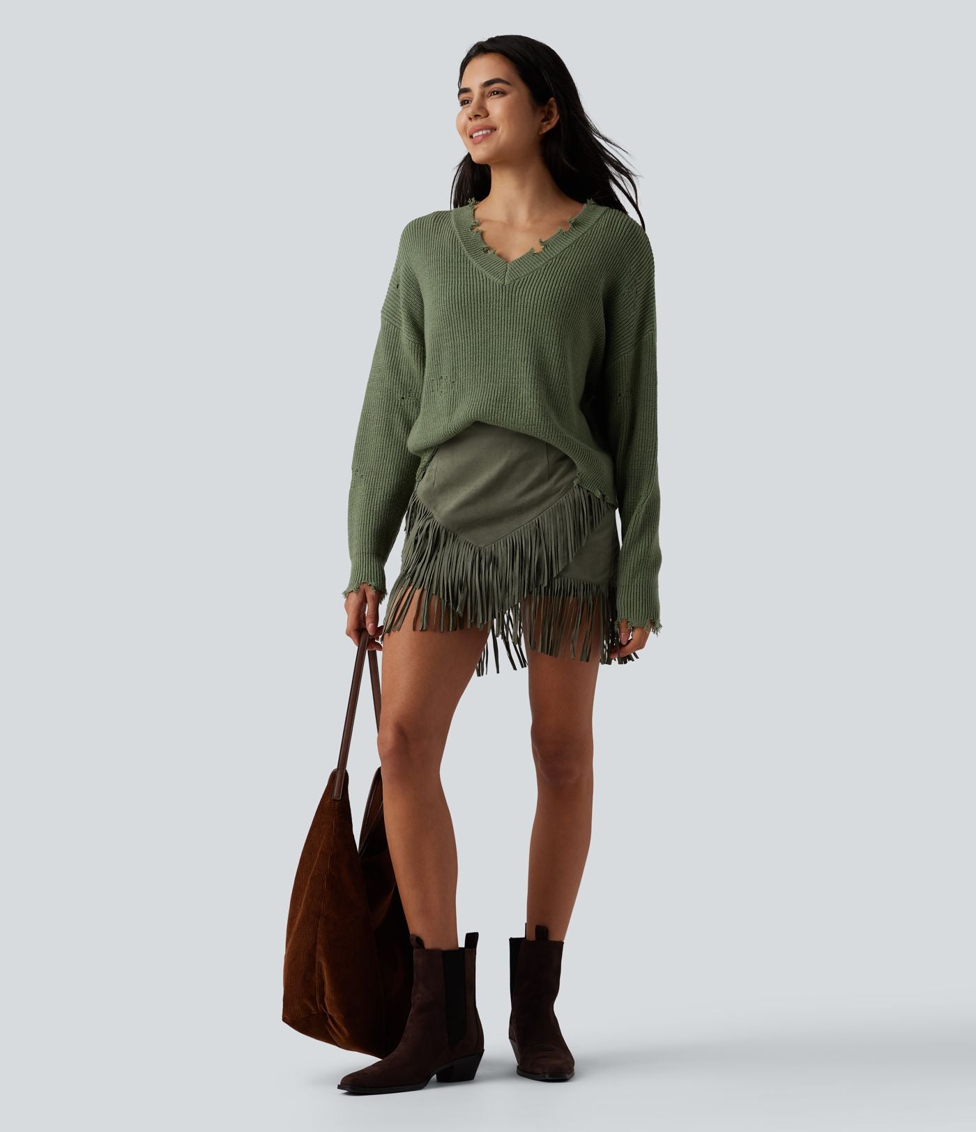 Jupe mini moulante décontractée 2-en-1 effet daim taille haute à franges